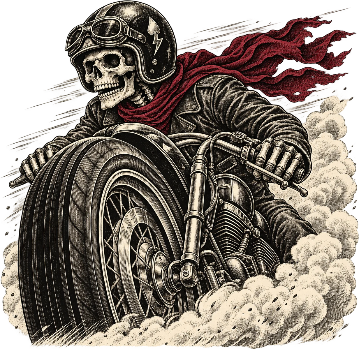 Grabado de calavera motorista con casco, gafas y pañuelo rojo al viento