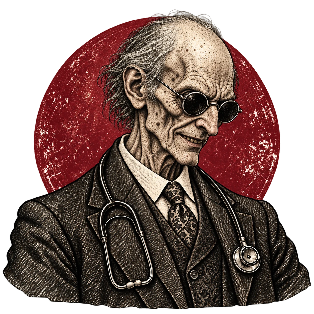 Grabado de un doctor esqueleto con gafas redondas y estetoscopio ante un sol granate