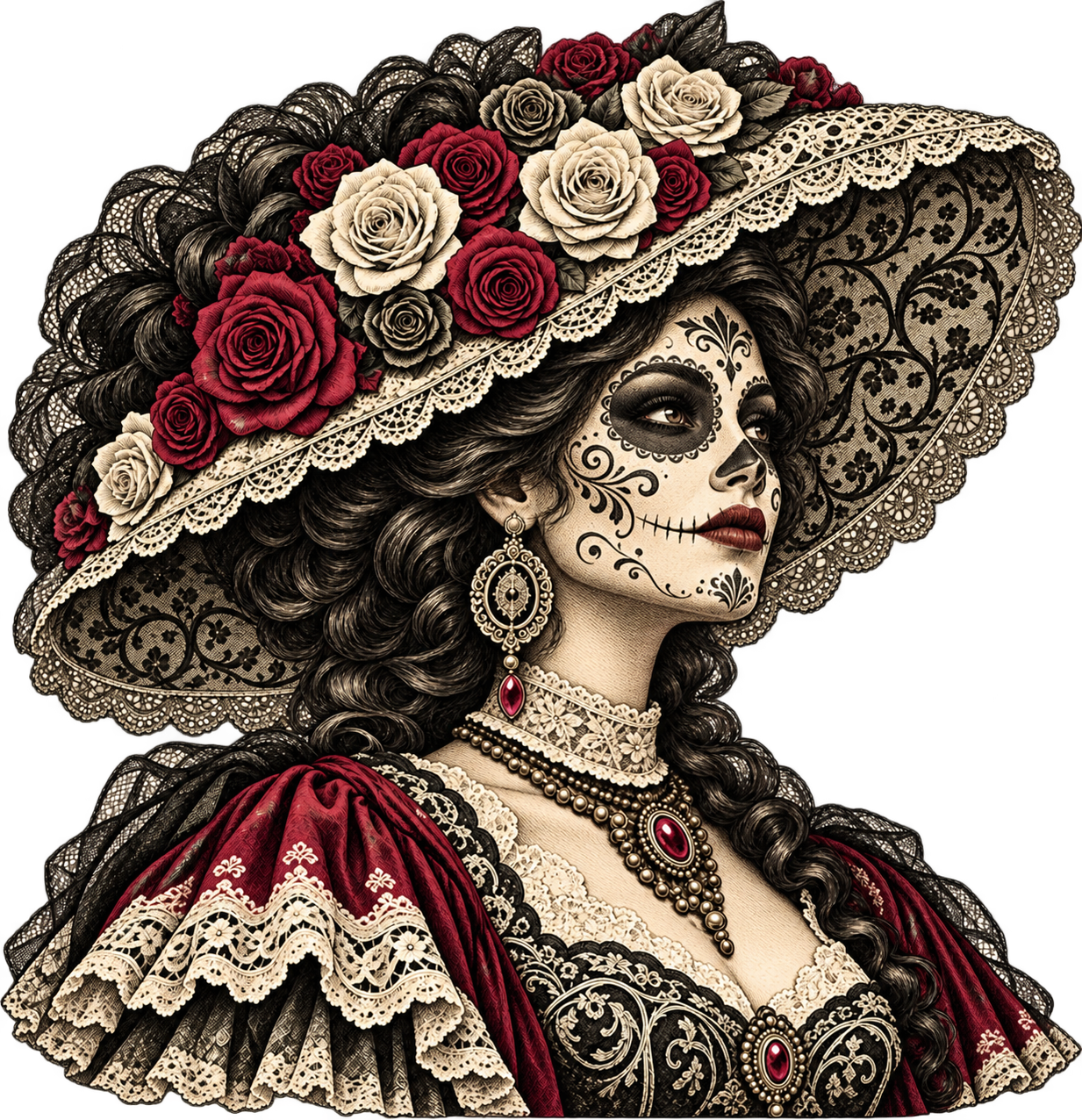 Grabado de La Catrina con sombrero de encaje y rosas granate