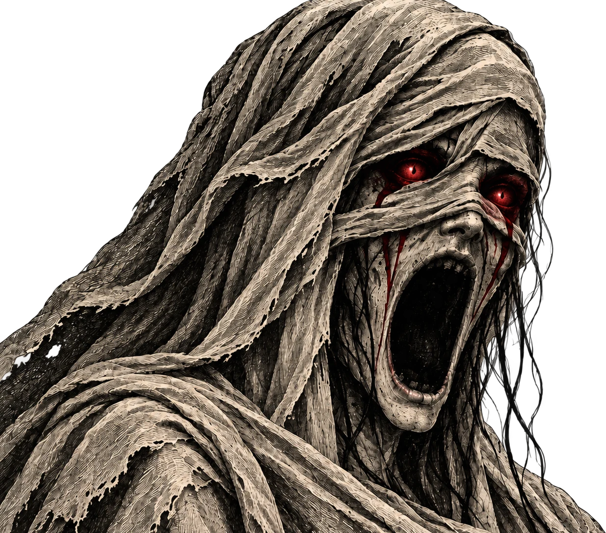Grabado de La Llorona envuelta en un velo raído, con los ojos rojos y la boca abierta en un grito